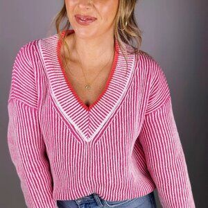 024 - Pink Ribbed V-Neck Sweater